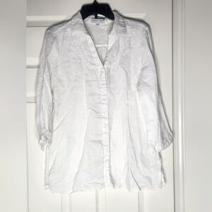 August Silk Options M White V-neck 100% LINEN 3/4Sleeve Embroidered Women Shirt